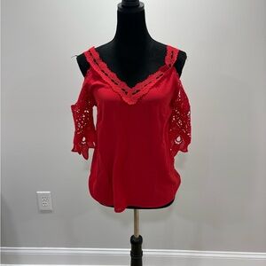 SHEIN Red Lace Cold Shoulder Blouse
